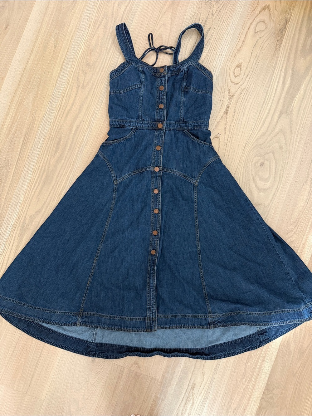 PILCRO Anthropologie Button Front Denim Midi Sundress Tie Back Blue Small